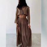 Conjunto de dos piezas para mujer: algodón y lino, chaleco corto con lazo en la parte superior y falda larga con abertura.