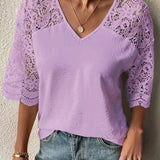 Blusa de verano con mangas de crochet y encaje para mujer - Cuello en V