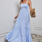 Vestido largo de mujer – Algodón ligero – Cuerpo fruncido – Falda evasé con volantes – Tirantes finos