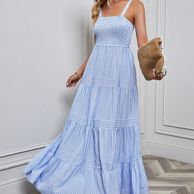 Vestido largo de mujer – Algodón ligero – Cuerpo fruncido – Falda evasé con volantes – Tirantes finos