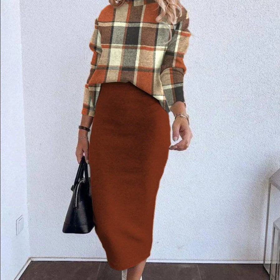Conjunto de dos piezas para mujer: punto elástico, top de manga larga y falda midi ajustada.