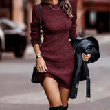 Vestido de mujer tipo suéter – Punto acanalado – Mangas largas – Corte ajustado – Cuello redondo