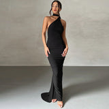 Vestido largo de mujer – Corte ajustado – Hombros descubiertos – Escote asimétrico – Fruncido
