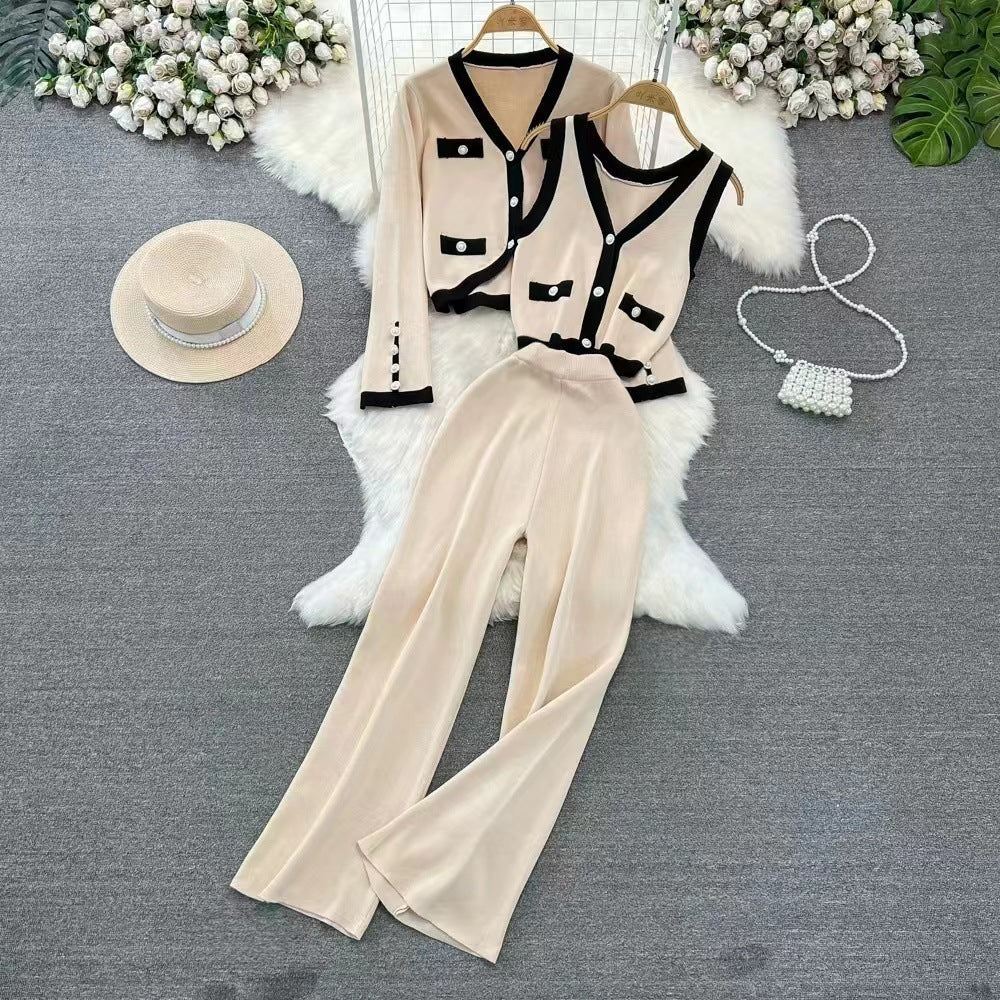 Conjunto de mujer – Punto suave – Pantalón ancho de cintura alta – Chaleco corto – Top sin mangas