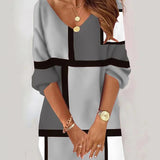 Liora – Vestido suéter moderno con bloques de color y patrones geométricos