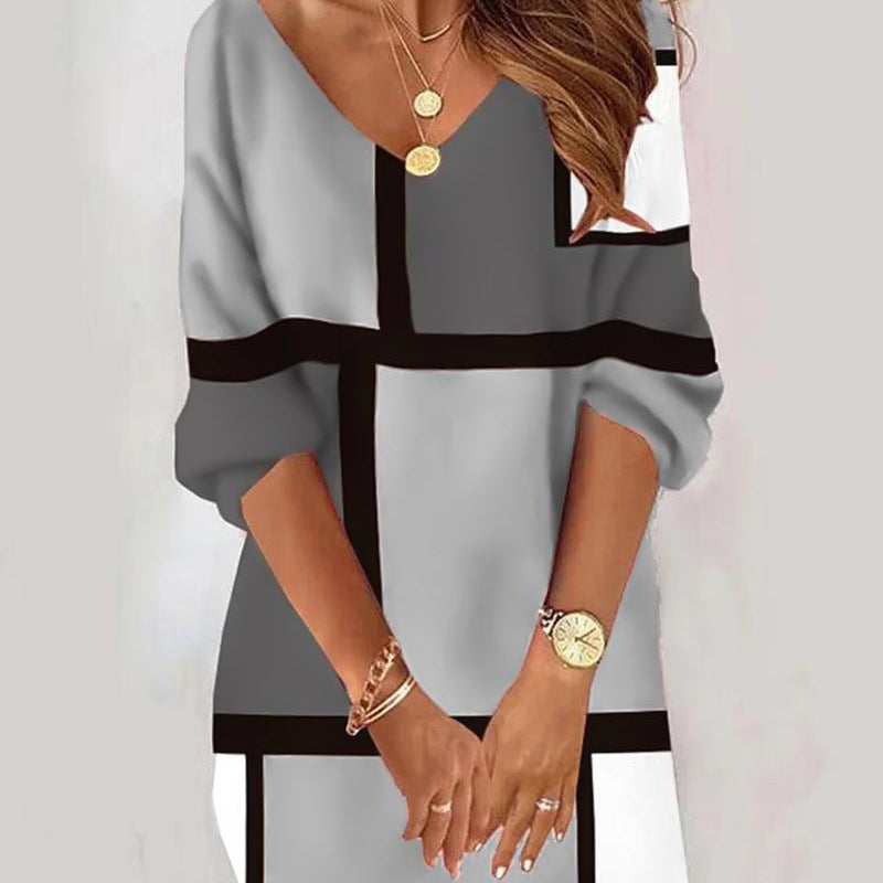 Liora – Vestido suéter moderno con bloques de color y patrones geométricos