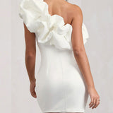 Vestido mini de mujer – Corte entallado – Un hombro con volante – Elegante tejido de satén