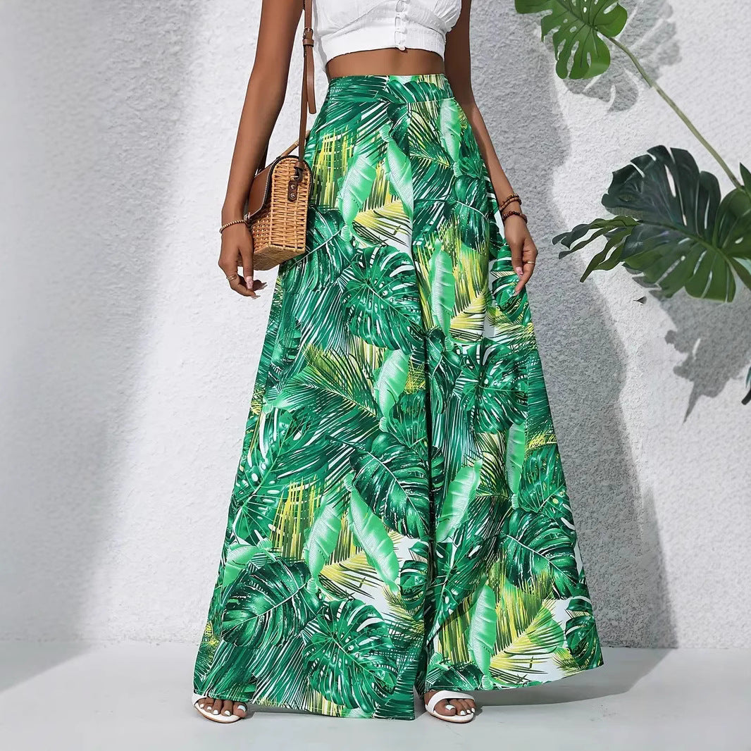 Pantalones anchos para mujer, cintura alta, tejido ligero, elegante estampado floral
