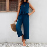 Conjunto de pantalón y chaleco para mujer – Tejido transpirable – Corte holgado y fluido – Detalle de volantes