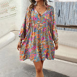 Vestido corto de mujer – Rayón ligero – Corte fluido – Mangas largas – Escote en V floral