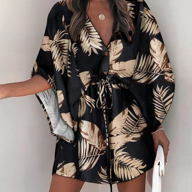 Vestido de mujer – Minivestido fluido – Mangas de mariposa – Escote en pico – Cintura con lazo