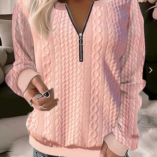 Suéter de mujer – Punto trenzado – Corte holgado – Cuello con cremallera ajustable – Lana suave