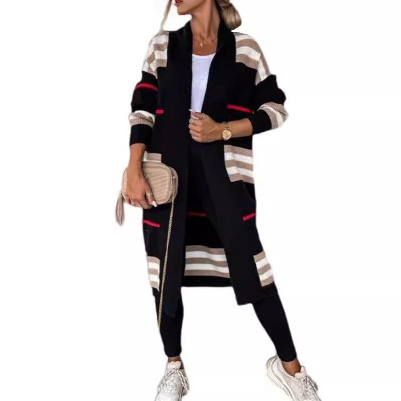 Cárdigan largo de mujer – Punto de lana – Corte oversize – Rayas – Abertura frontal