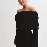 Vestido de playa para mujer – Punto ligero – Corte entallado – Hombros descubiertos – Mangas largas