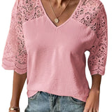 Blusa de verano con mangas de crochet y encaje para mujer - Cuello en V