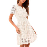 Vestido trapecio para mujer – Algodón ligero – Detalle de bordado de ojales – Cuello en pico – Mangas cortas