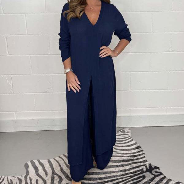 Conjunto de dos piezas para mujer: Top largo con abertura y pantalón ancho, corte holgado.