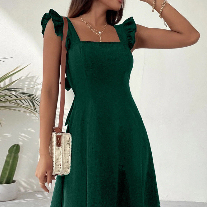Vestido corto de mujer – Estilo skater – Tirantes con volantes – Tejido ligero y transpirable