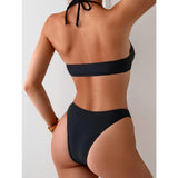 Traje de baño de dos piezas para mujer – Top de cuello halter – Cintura alta – Detalle de hebilla – Tejido elástico
