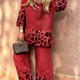 Conjunto de mujer: Top holgado de manga 3/4 y pantalón ancho de cintura alta. Lino transpirable. Estampado animal.