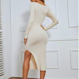 Vestido de punto para mujer – Corte entallado – Escote cuadrado – Mangas largas – Abertura lateral
