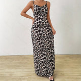 Vestido de mujer – Corte ajustado – Satén liso – Tirantes finos – Estampado animal – Maxi