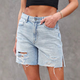 Shorts vaqueros para mujer – Corte holgado – Detalles desgastados – Aberturas laterales – Largo hasta la rodilla