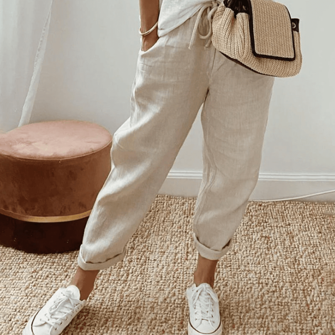 Pantalones de mujer – Corte holgado – Cintura con cordón – Estampado abstracto – Tejido ligero