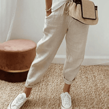 Pantalones de mujer – Corte holgado – Cintura con cordón – Estampado abstracto – Tejido ligero