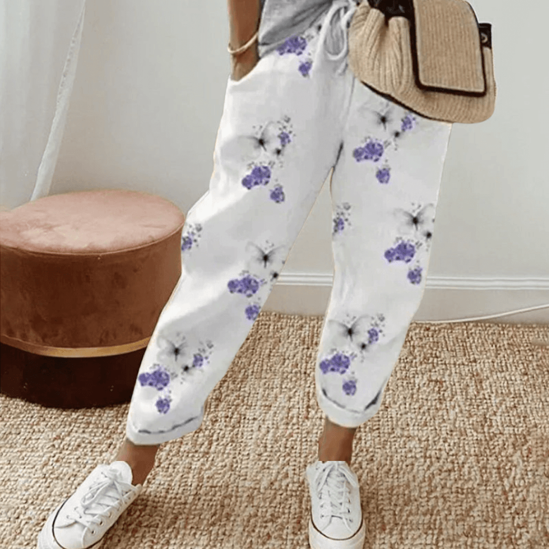 Pantalones de mujer – Corte holgado – Cintura con cordón – Estampado abstracto – Tejido ligero