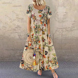 Vestido largo para mujer - Corte holgado - Mangas cortas - Cuello redondo - Estampado floral