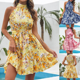Vestido corto para mujer - Cuello halter - Sin mangas - Estampado floral - Cintura con cinturón
