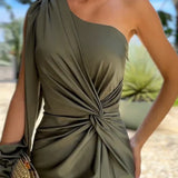 Vestido de mujer - Corte elegante - Hombro asimétrico - Detalle de lazo - Abertura discreta