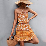 Vestido corto para mujer, sin tirantes, estampado floral, corte holgado y cintura ajustada.