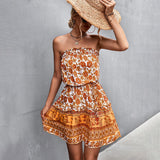 Vestido corto para mujer, sin tirantes, estampado floral, corte holgado y cintura ajustada.
