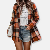 Abrigo tipo cárdigan de mujer – Corte oversize – Efecto lana – Estampado de cuadros – Manga larga