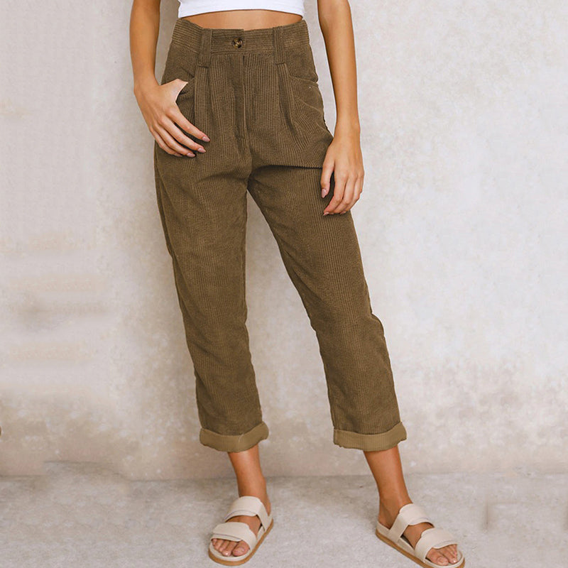 Pantalones cónicos para mujer – Cintura alta – Tejido de canalé suave – Corte holgado y plisado