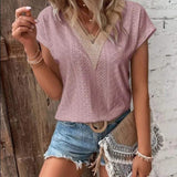 Blusa de mujer - Manga corta - Cuello en V - Bordado inglés vaporoso - Estilo bohemio
