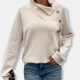 Sudadera de mujer – Corte holgado – Cuello alto abotonado – Punto de espiga texturizado