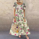 Vestido largo para mujer - Corte holgado - Mangas cortas - Cuello redondo - Estampado floral