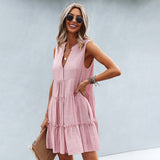 Vestido sin mangas para mujer - Corte acampanado - Volantes de moda - Cuello en V fluido