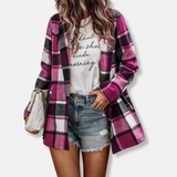 Abrigo tipo cárdigan de mujer – Corte oversize – Efecto lana – Estampado de cuadros – Manga larga