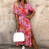 Vestido de mujer - Largo midi, ajustado, manga corta, escote en V, abertura, fluido