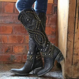 Botas altas de mujer – Piel envejecida – Tacón grueso – Remaches – Cierre de cremallera