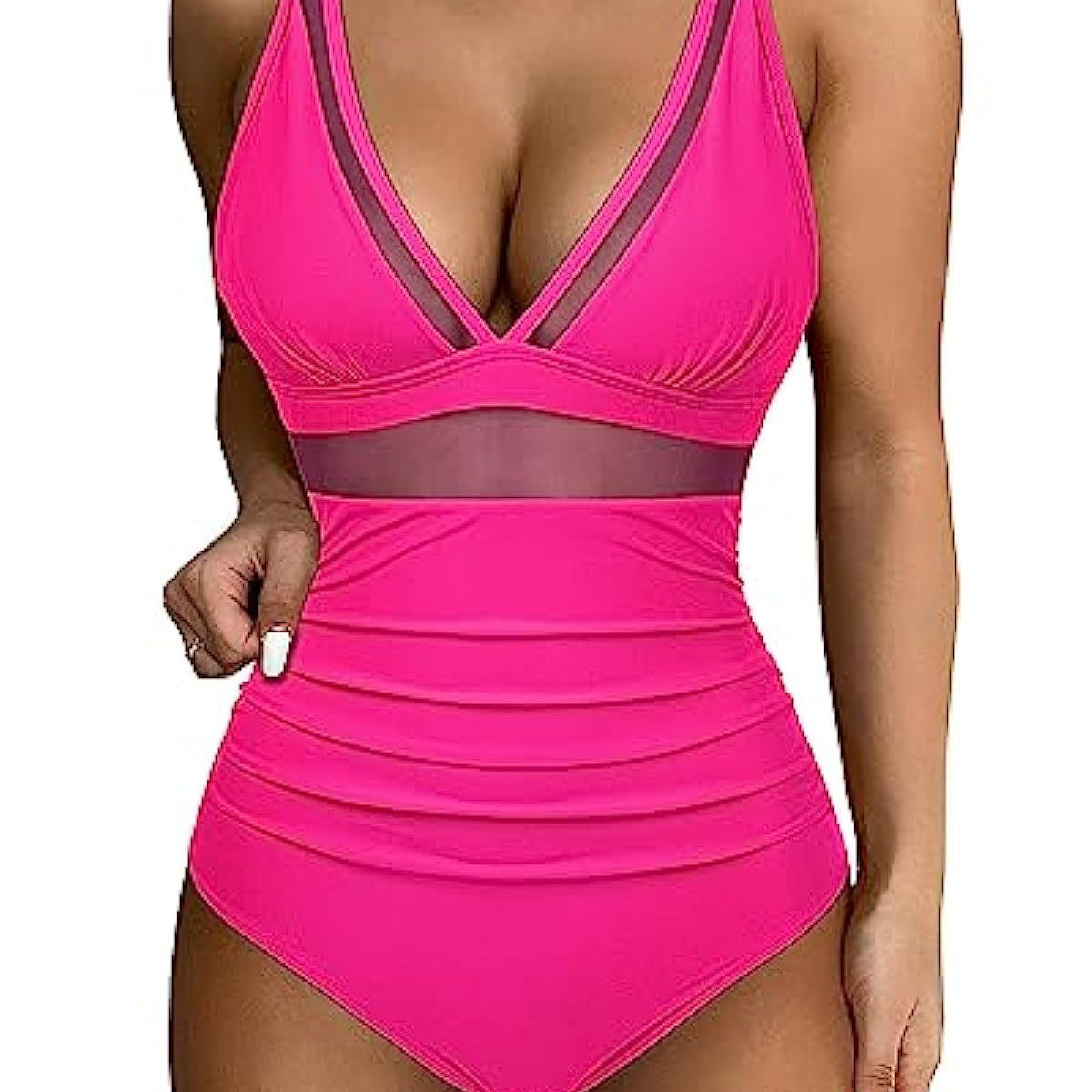 Traje de baño de una pieza para mujer – Escote pronunciado – Malla moldeadora – Paneles de tul