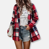 Abrigo tipo cárdigan de mujer – Corte oversize – Efecto lana – Estampado de cuadros – Manga larga