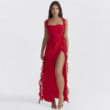 Vestido de mujer - Escote cuadrado - Tirantes con volantes - Corte ajustado - Bajo asimétrico