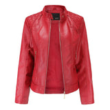 Chaqueta de cuero para mujer – Corte entallado – Hombros acolchados – Cuello alto – Bolsillos con cremallera