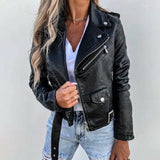 Chaqueta biker para mujer – Corte entallado – Piel sintética – Cremallera asimétrica – Cinturón