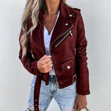 Chaqueta biker para mujer – Corte entallado – Piel sintética – Cremallera asimétrica – Cinturón